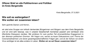 Mehr über den Artikel erfahren 23.3.21 Offener Brief an die Politik im Kreis Bergstraße